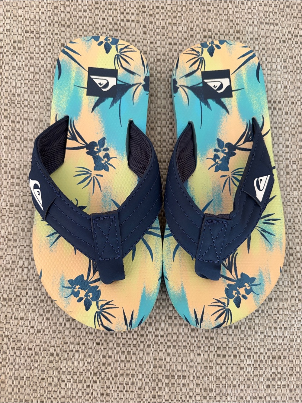 Quiksilver Kids Navy Strappy Flip Flops with Blue and Yellow Tropical Print